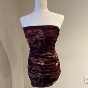 Mesh Strapless Burgundy Dress